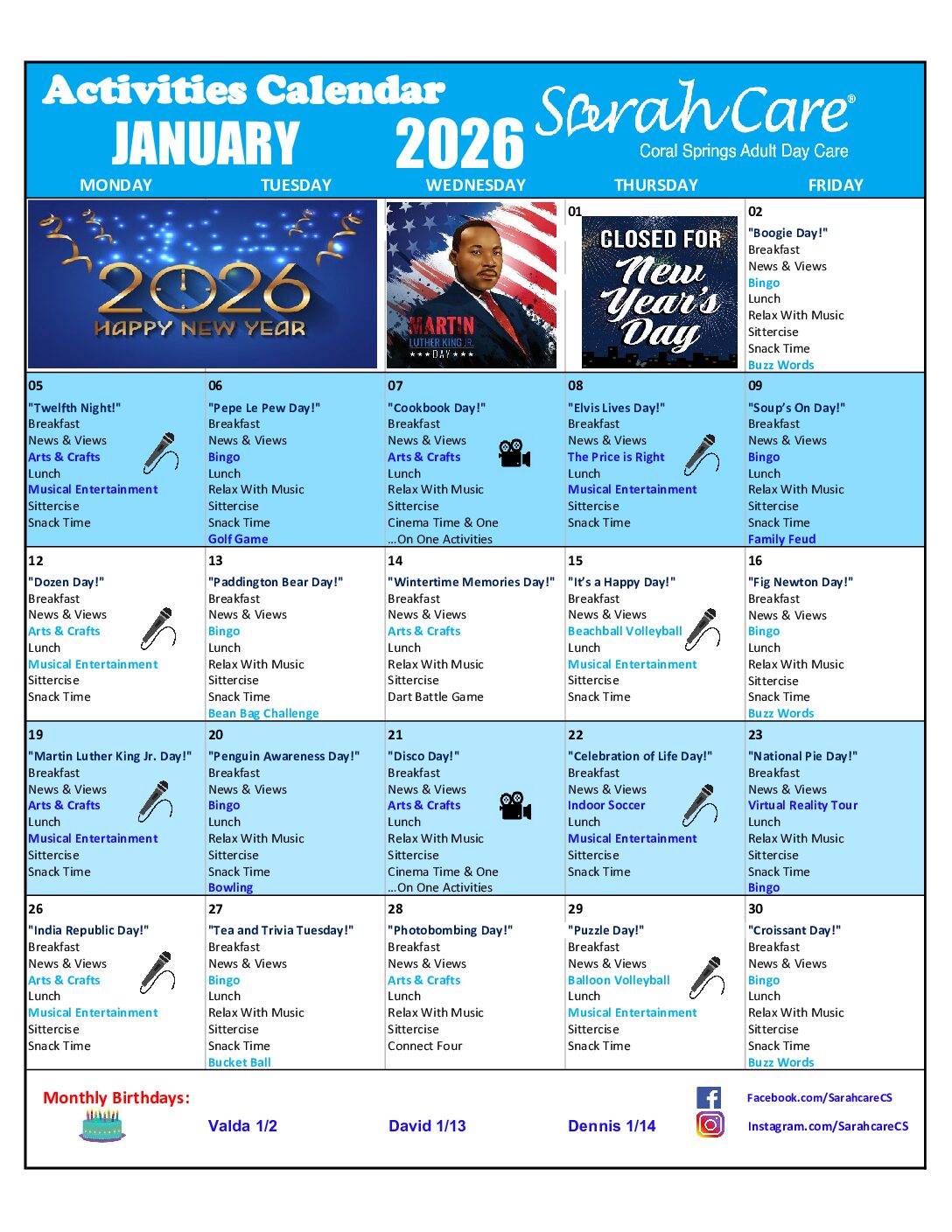 January 2026 Activities Calendar