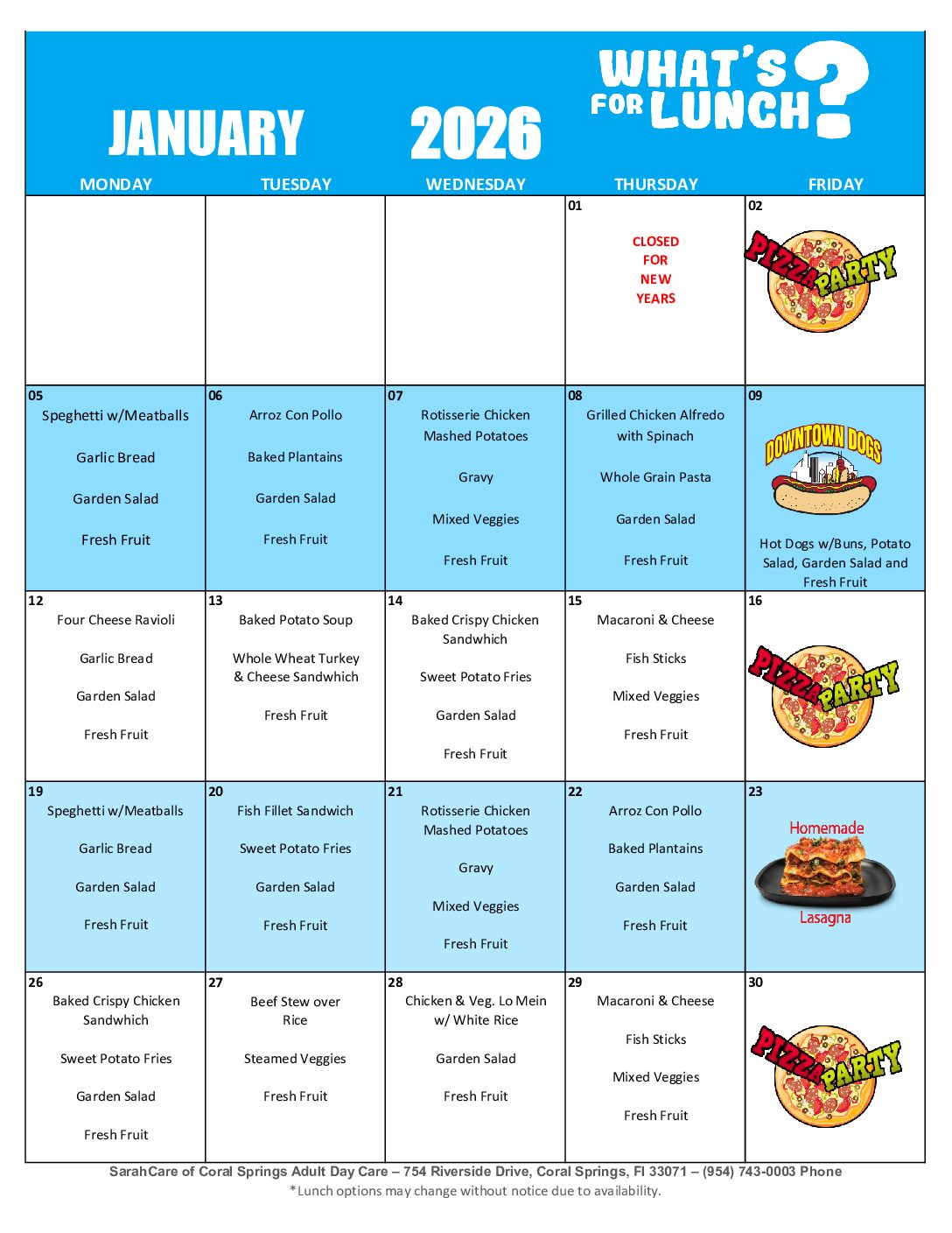 January 2026 Lunch Menu